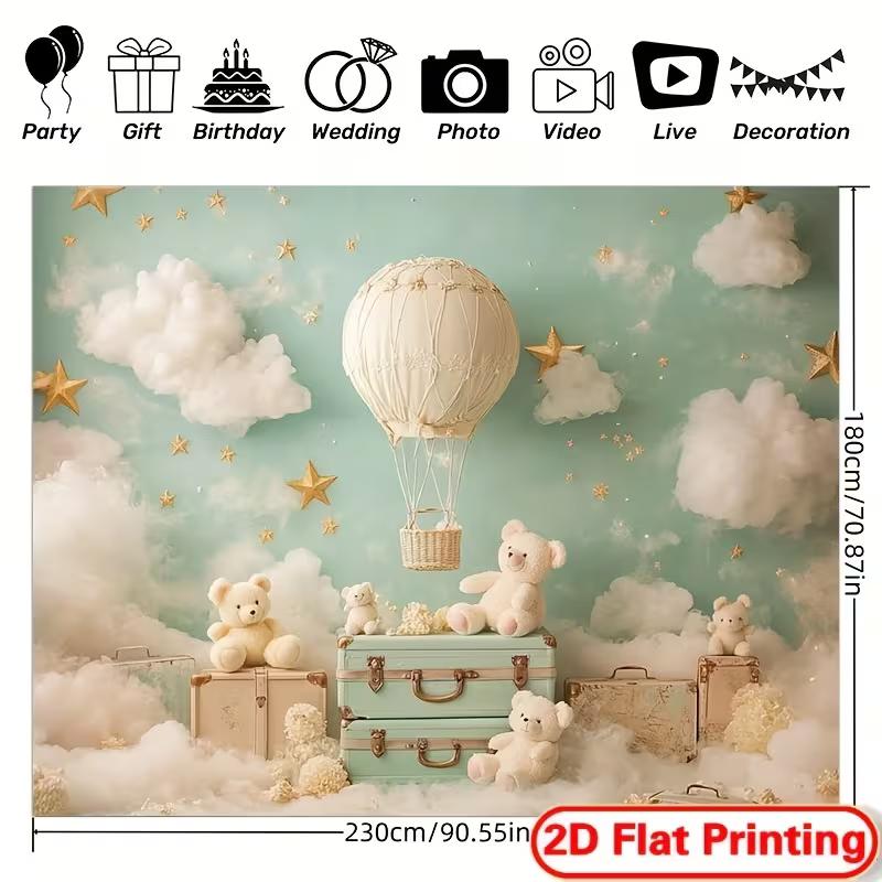 2D Teddy Bear Hot Air Balloon Backdrop Mint Green Cloud Baby Shower Photography Background