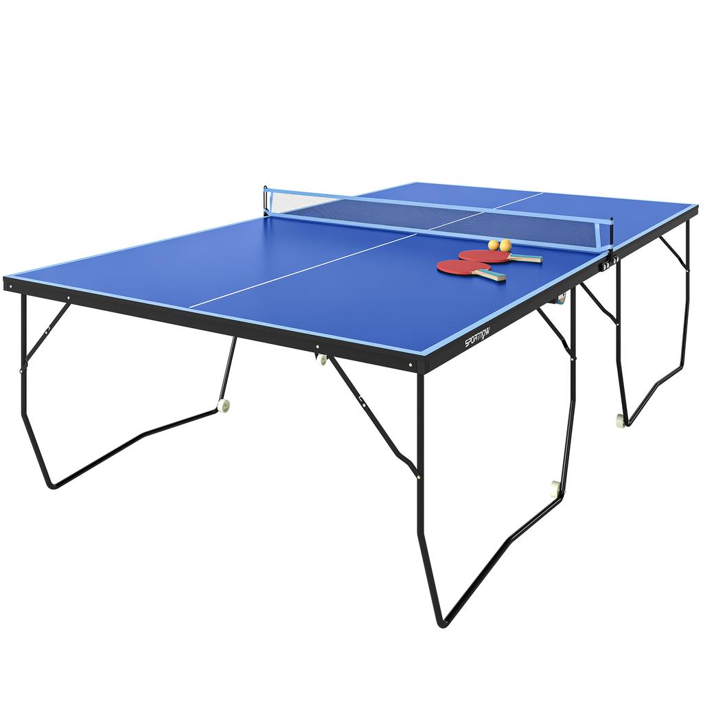9FT Folding Tennis Table, with 8 Wheels, for Indoor Use, Blue