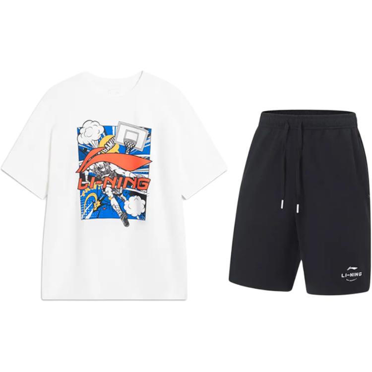 Li-Ning Cartoon Logo Letter Print Round Neck Pullover Short Sleeve T-Shirt Fashion Comfortable Versatile Shorts Casual Sports Suit AHSU805-2+AKST543-3