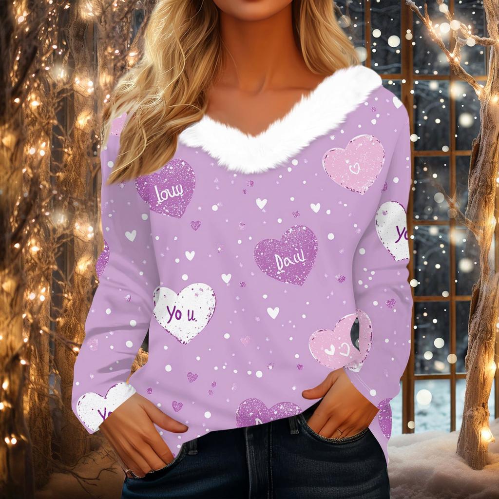 Damen Valentinstag Herz bedrucktes Langarmshirt V-Ausschnitt Lässiges lockeres T-Shirt Oberteile