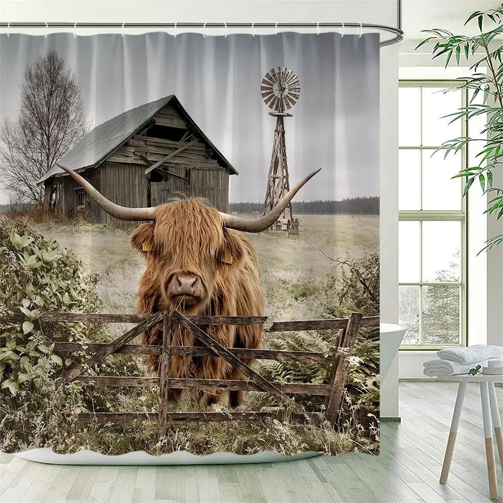 Funny Highland Cow Shower Curtains Farm Cattle Colourful Graffiti Art Bathing Animal Bath Curtain Fabric Bathroom Decor Hooks