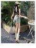 Petite Women's High-Waisted A-Line Denim Skirt with Irregular Tie and Faux Two-Piece Design