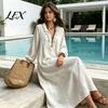 Loose Fit Midi Dresses Women Ruffle V Neck Long Dress, Casual Dress Solid Color Sleeves for Spring Autumn Soft Fabric