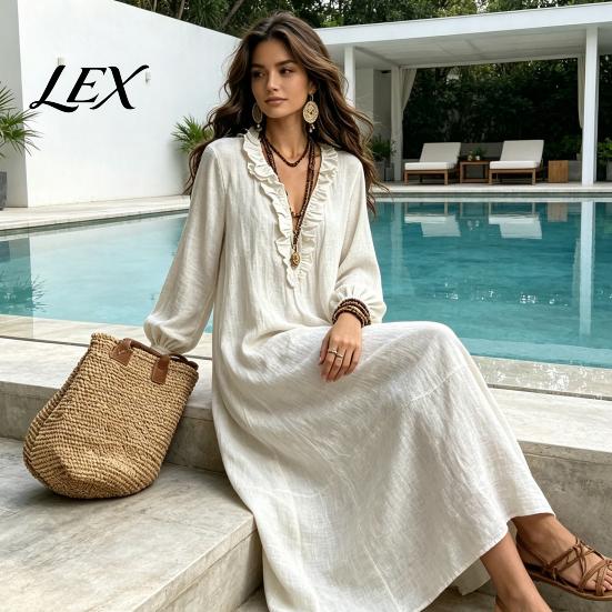 Loose Fit Midi Dresses Women Ruffle V Neck Long Dress, Casual Dress Solid Color Sleeves for Spring Autumn Soft Fabric
