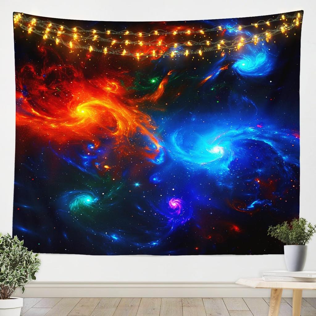 Vibrant Galaxy Nebula Tapestry, Swirling Red & Blue Cosmic Cloud on Dark Starry Backdrop, Aesthetic Wall Decor for Home