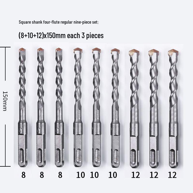 10-Piece Electric Hammer Drill Bit Set, Square & Round Shank (Sizes 4-14)