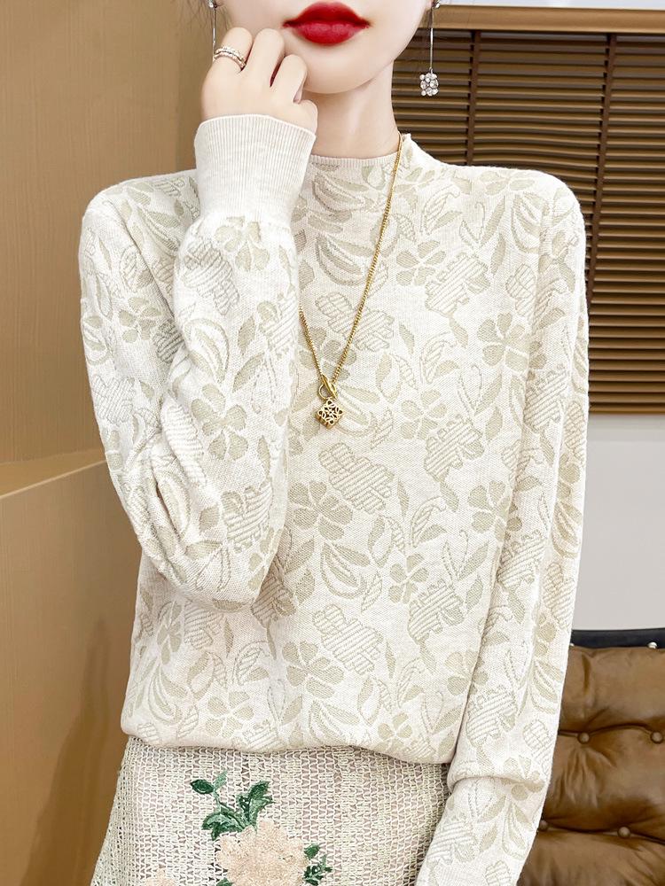Dark Floral Half-High Collar Sweater for Women - Autumn/Winter Knitwear, Versatile Stylish Base Layer Top