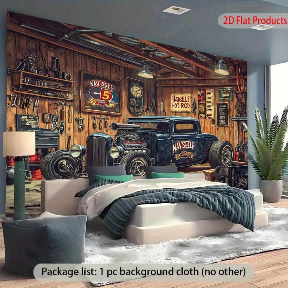 Classic Hot Rod Car Garage Tapestry Vintage Automotive Art Workshop Decor Man Cave Wall Hanging Retro Vehicle Print