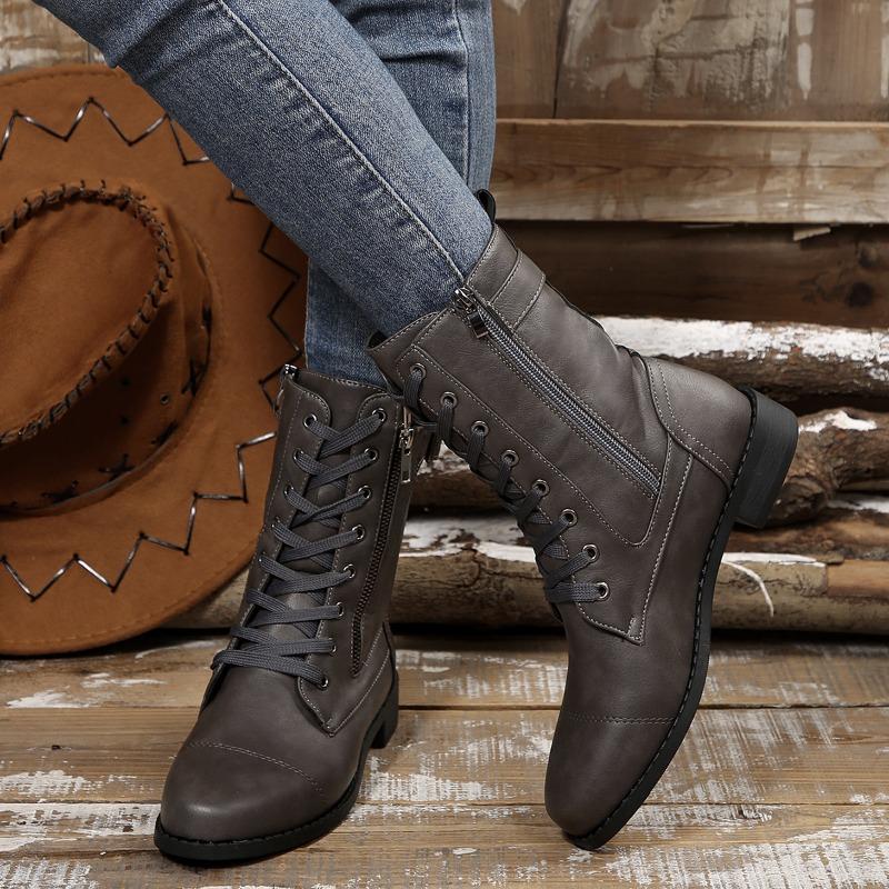 Fashion Low Heel Single Boots Autumn New Round Toe Front Lace-Up Side Zipper Soft Sole Anti-Slip Wear-Resistant Short Shoe