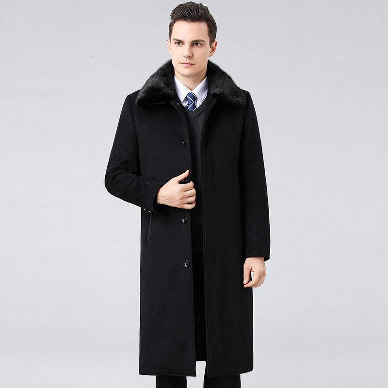 

Зимнее шерстяное пальто с воротником из толстого лисьего меха для людей среднего и пожилого возраста, мужское кашемировое удлиненное пальто со съемной подкладкой выше колена 165