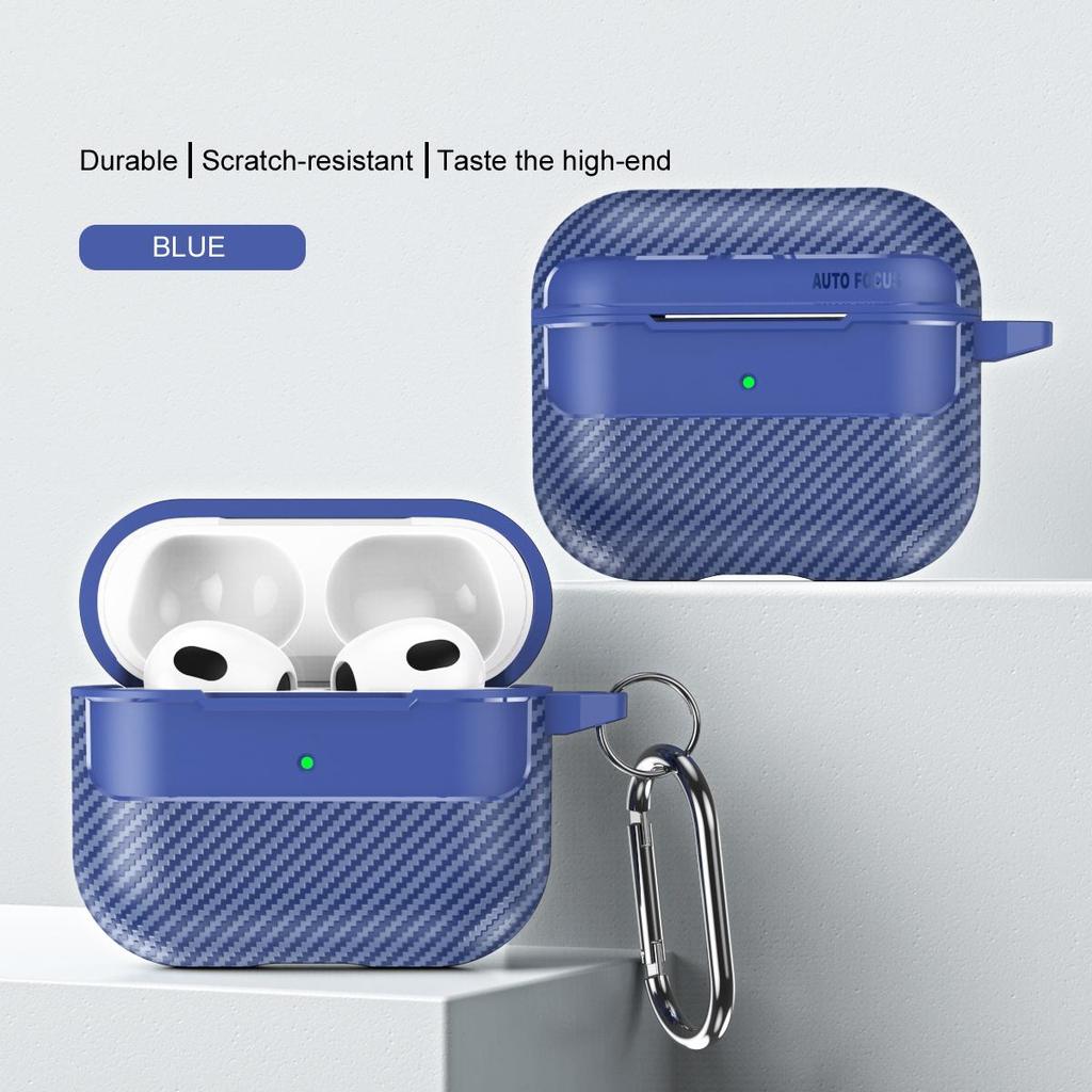 Waterproof Carbon Fiber Texture Soft Silicone Earphone Case With Keychain Hook For Apple Airpods Pro 2 Generation 2nd Air Pods 3 Gen Shockproof Cover