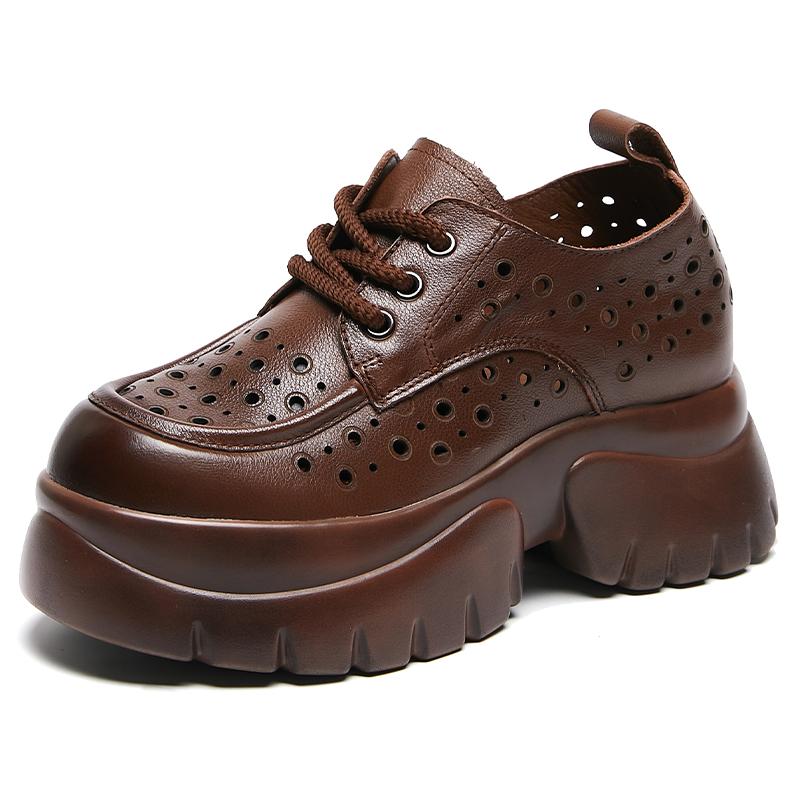 Mode GKTINOO Handgefertigt Retro 2025 Neu Frühling Sommer Damen Schuhe Dicke Sohle Echtes Leder Sandalen Ausgehöhlte Plateau Keilabsatz Sneaker