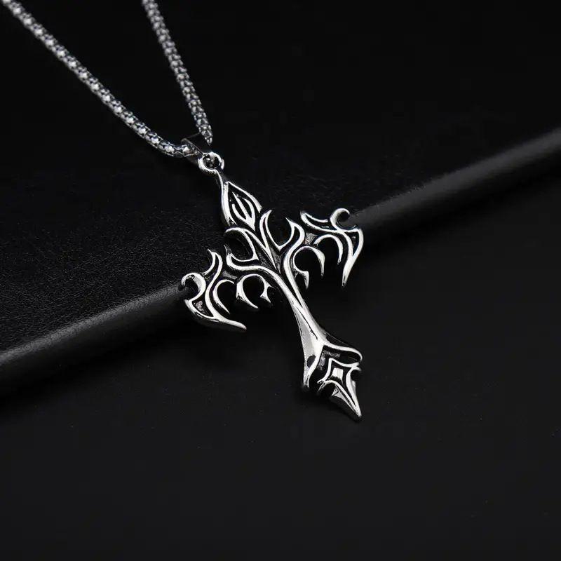 Flame Cross Pendant Sweater Chain, Men's Statement Necklace for T-shirts