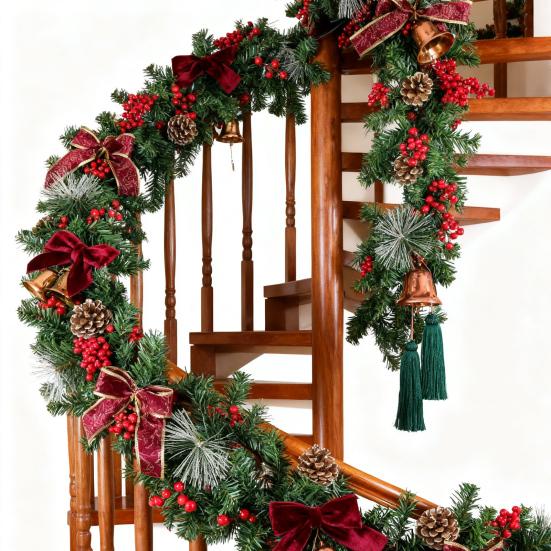 180/270CM Christmas Artificial Pine Garland with Bow Red Berries Pinecone Faux Pine Needle Rattan Mantle Fireplace Porch Hanging Decoration