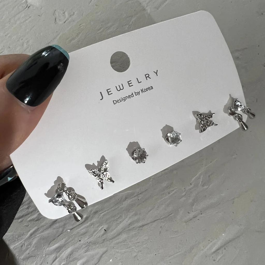 6Pcs Y2K Style Pink Crystal Starry Earrings Set for Women Exquisite Moon Tassel Chain Sweet Planet Accessories Fashion Jewelry