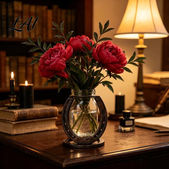 Creative Home Office Ornament Horseshoe Shaped Flower Vase Rustic Metal Frame with Decorative Glass Clear Jar Western Farmhouse Desktop Floral