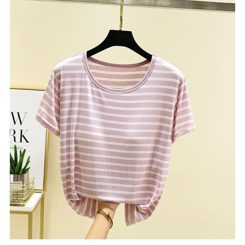 

Modal Summer Chest Pad Short sleeve Top Loose Bra-Free Stripe T-shirt Thin Versatile Outer Wear Bottoming Shirt Pink XL (60.00 kg-70.00 kg recommended