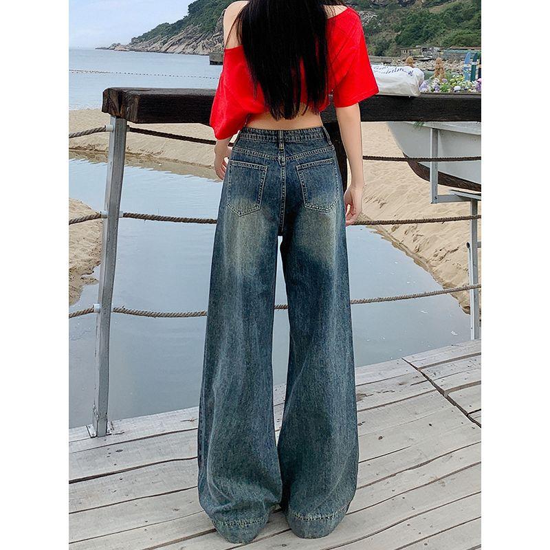 American Retro Blue Wide Leg Denim Female 2025 Summer New High Waist Slim Looking Line Drape Baggy Straight Trousers