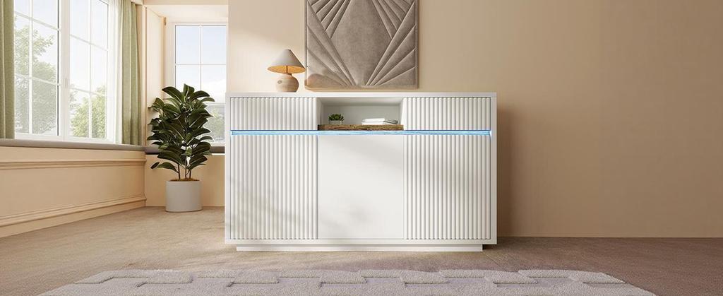 Sideboard White with LED 140x40x85 Cm, Chest of Drawers with 2 Drawers and 3 Doors, with Adjustable Shelves, Modern Living Room, Hallway, Kitchen