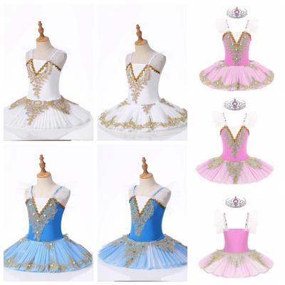 Kids Girls Dance Dress V Neckline Ruffle Shoulder Decor Dress with Headwear Set Ballet Performance Costume