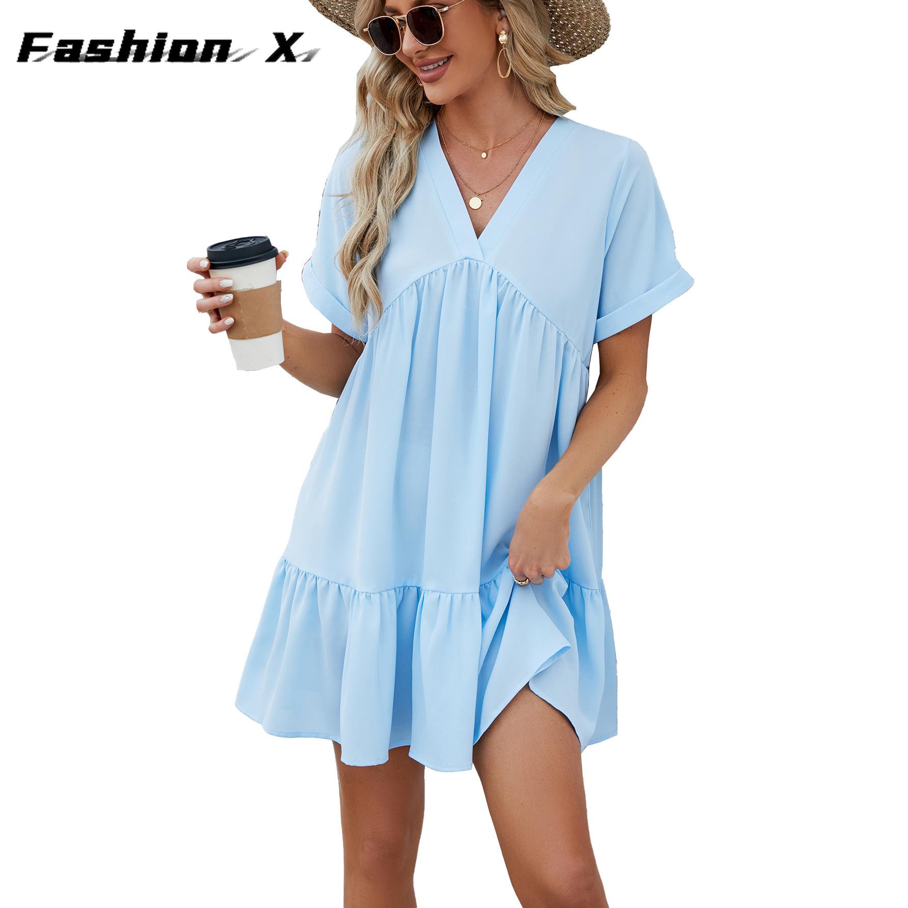 

2024 Весна и лето Новые однотонные свободные плиссированные платья с v-образным вырезом для женщин XXL небесно-голубой