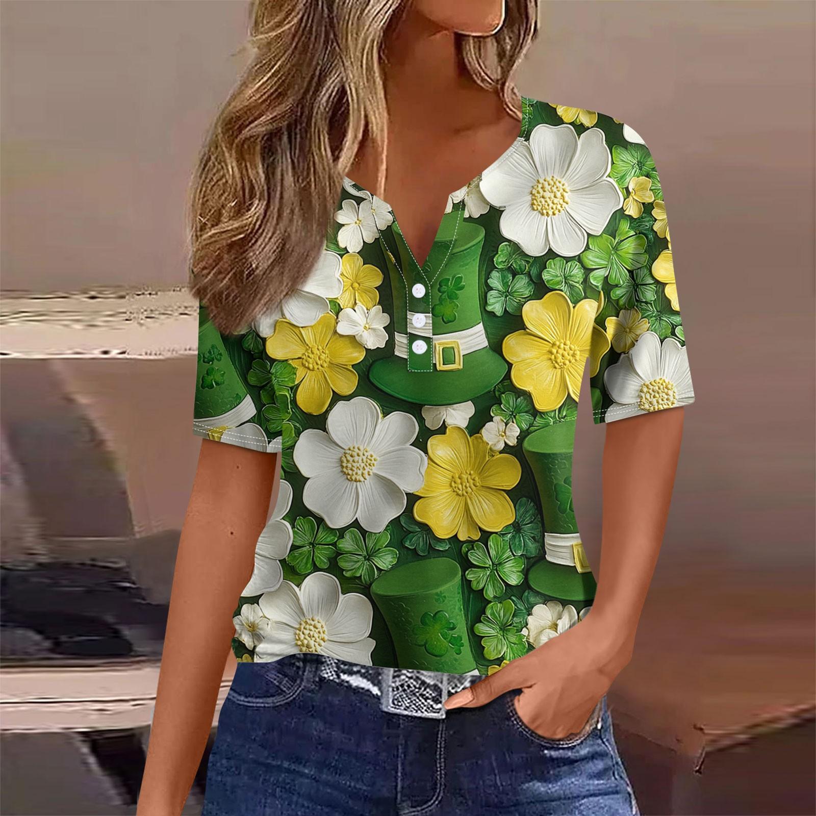 

Женская мода в стиле кэжуал. Топ с короткими рукавами и V-образным вырезом на пуговицах с принтом ко Дню Святого Патрика XL жёлтый