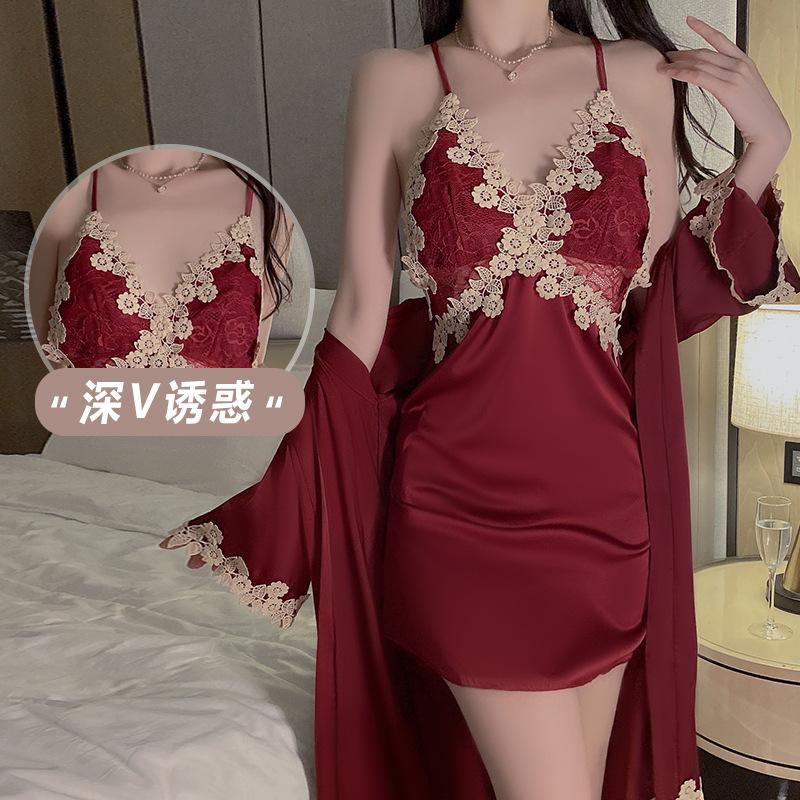 Women's Satin Embroidered Lace Deep V Backless Sleep Dress with Loose Robe Lounge Set