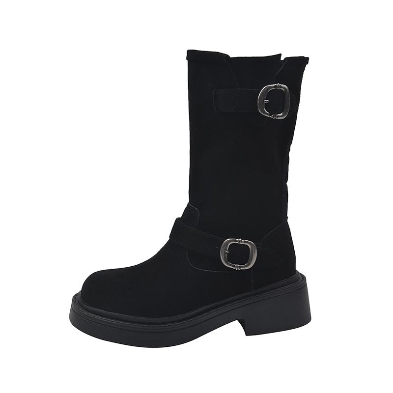 

Модные женские полусапоги с круглым носком 2024, с металлической пряжкой, нескользящая обувь, модные сапоги с пряжкой-ремнем, новые рыцарские сапоги на низком каблуке 40 чёрный