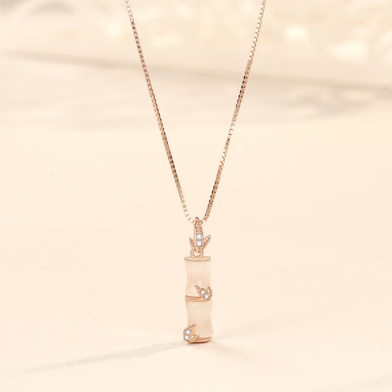 Versatile S925 Sterling Silver Bamboo Necklace with White Chalcedony for Women - Retro Clavicle Chain with Niche Design S925 Silver