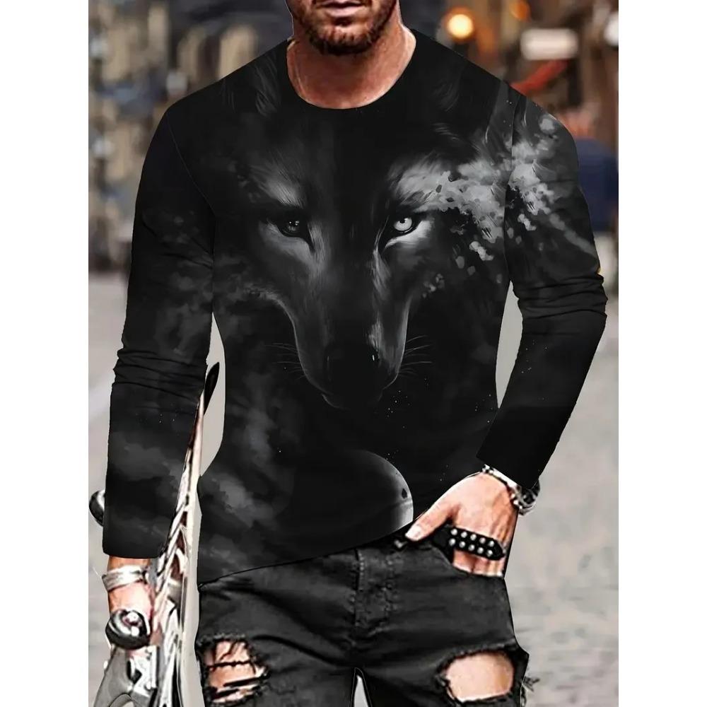 Spring and Autumn Round Neck Wolf Graphic 3D Printed Top Fashionable Casual Long Sleeved Men's T-shirts