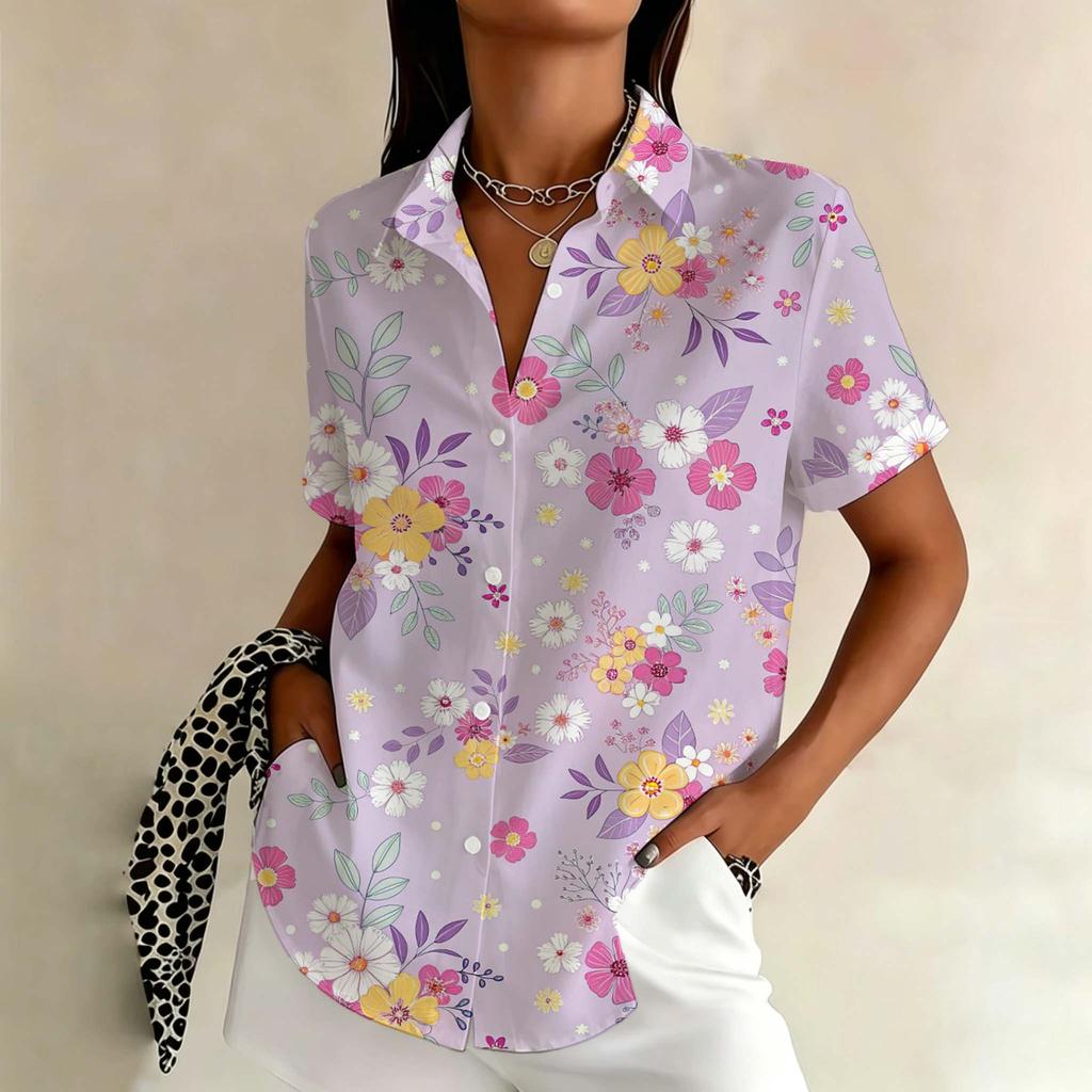 Women's Gradient Floral Shirt Colorful Short Sleeve Button Down 2026 New Graphic Blouse Summer Casual Tops Fashion Clothing