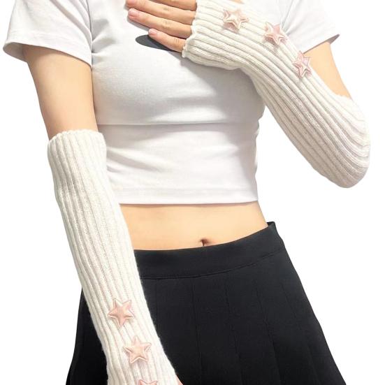 Knitted Arm Warmers Girls Fingerless Long Wrist Gloves Winter Star Arm Sleeves with Thumb Hole for Women Street Wear Parties