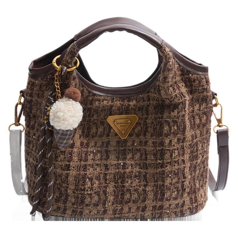Winter Portable Woolen Plaid Bag Women's 2025 New Fashion Vegetable Basket Bag Versatile Shoulder Messenger Bag