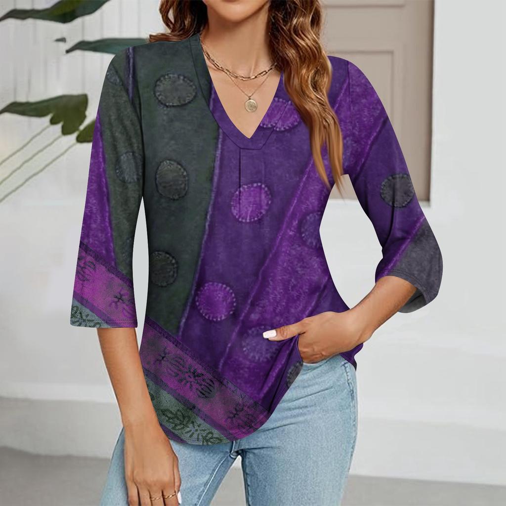 Modisches Oberteil mit V-Ausschnitt, Farbverlauf-Print und Dreiviertelärmeln für Damen