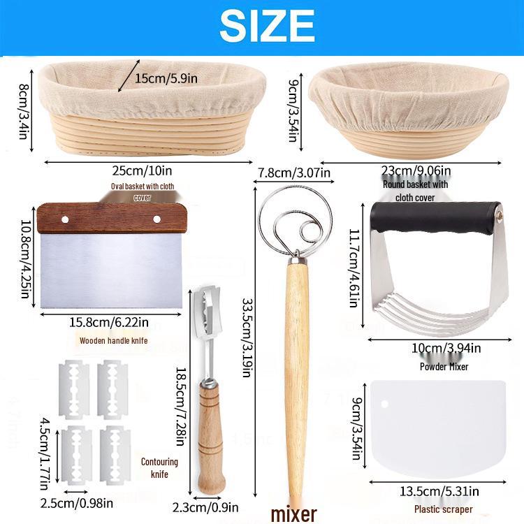 Fermentation Basket Set: Rattan Bread Basket, Scraper, Mixer & Oval Baking Tool. European Style for Artisan Bread.