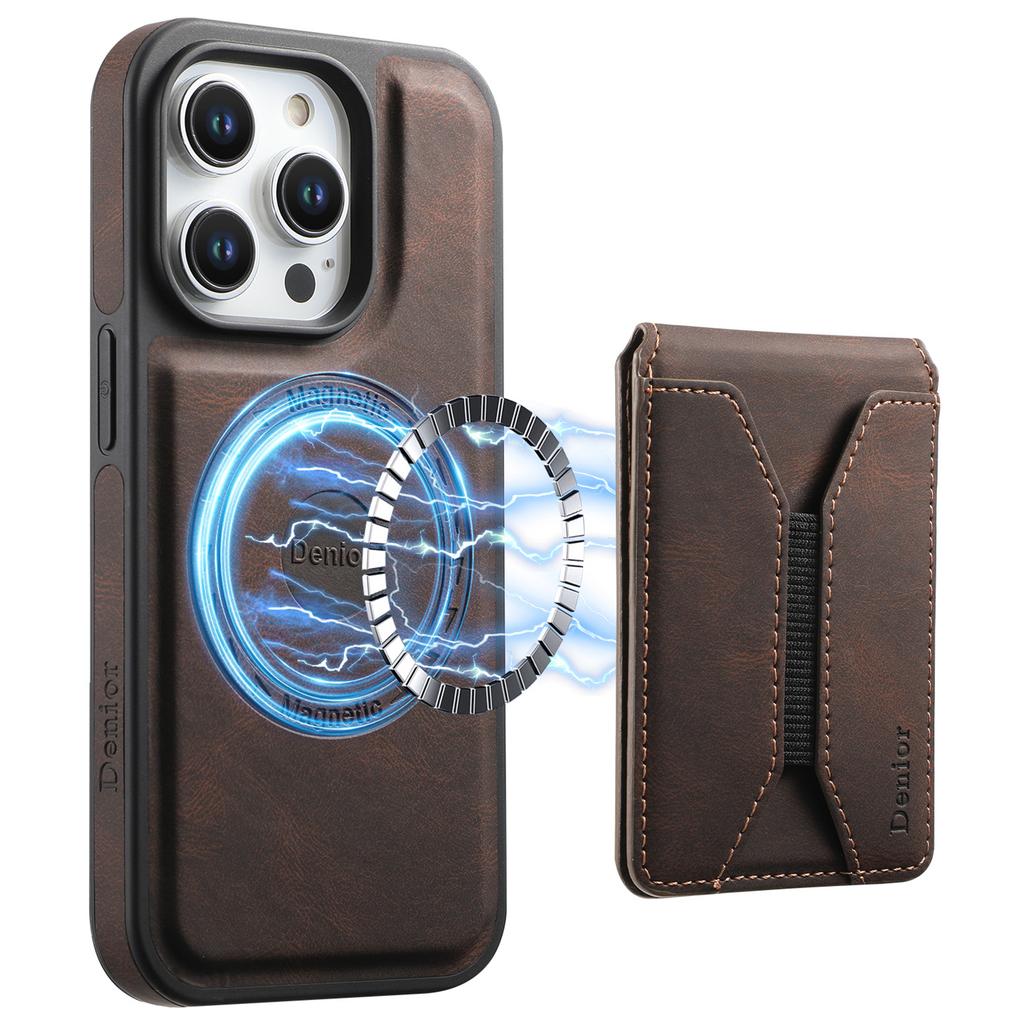 DENIOR D17 For iPhone 15 Pro Magnetic Case Leather Back Cover Detachable Card Bag Kickstand