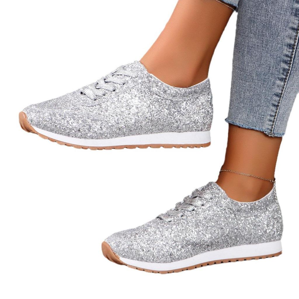 2026 Spring Plus Size Sequin Lace-up Flat Round Toe Women's Casual Sneakers