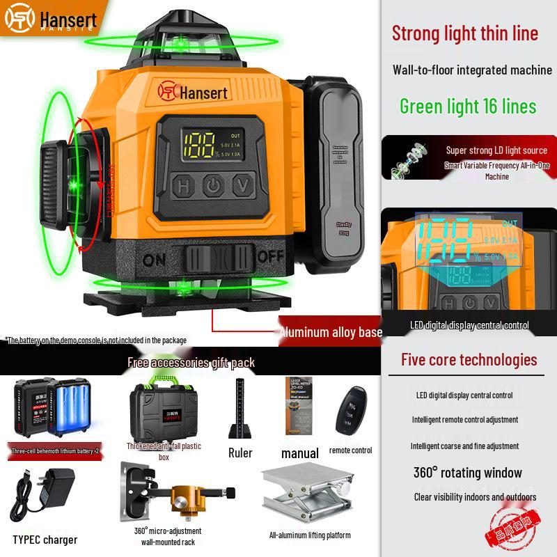 16-line High Precision Green Laser Level with Automatic Leveling for Indoor/Outdoor Use