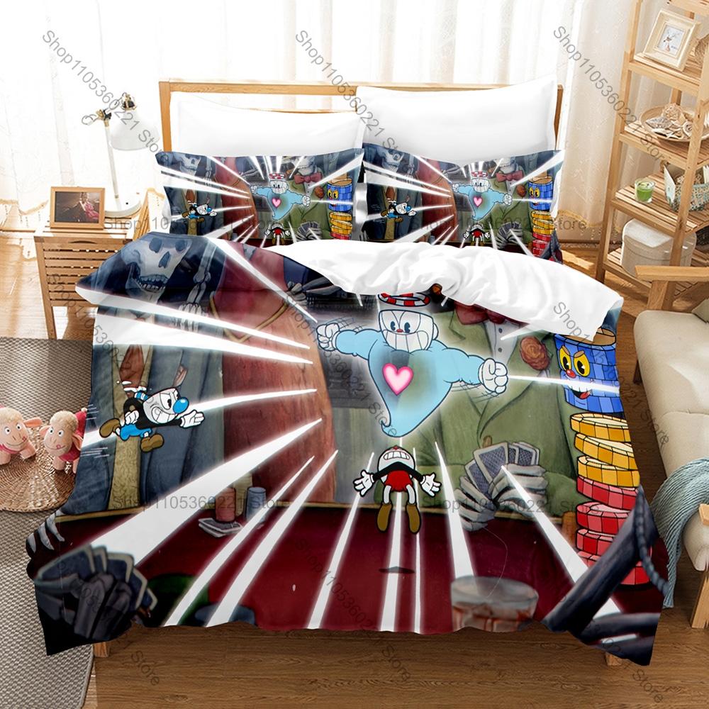 Kawaii Cuphead and Mugman Pattern Bedding Set 3 Piece Duvet Cover with Pillowcase for Kids Adults Bedroom Decor