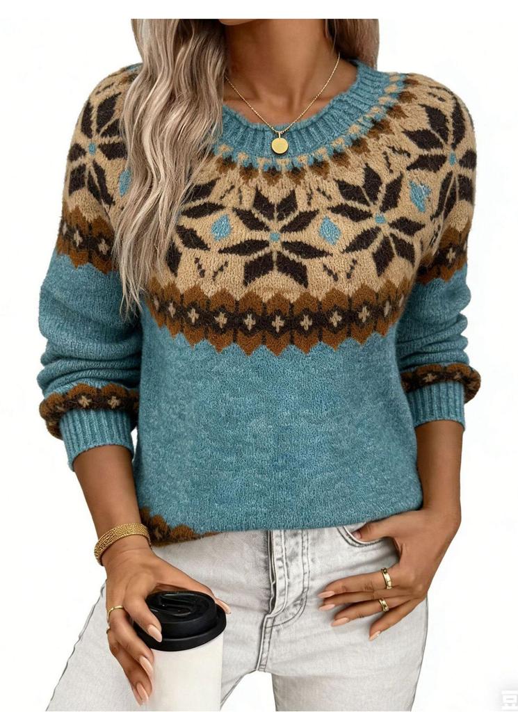Women's Christmas Jacquard Round Neck Sweater - Casual, Loose, Slimming Knitwear for Autumn and Winter