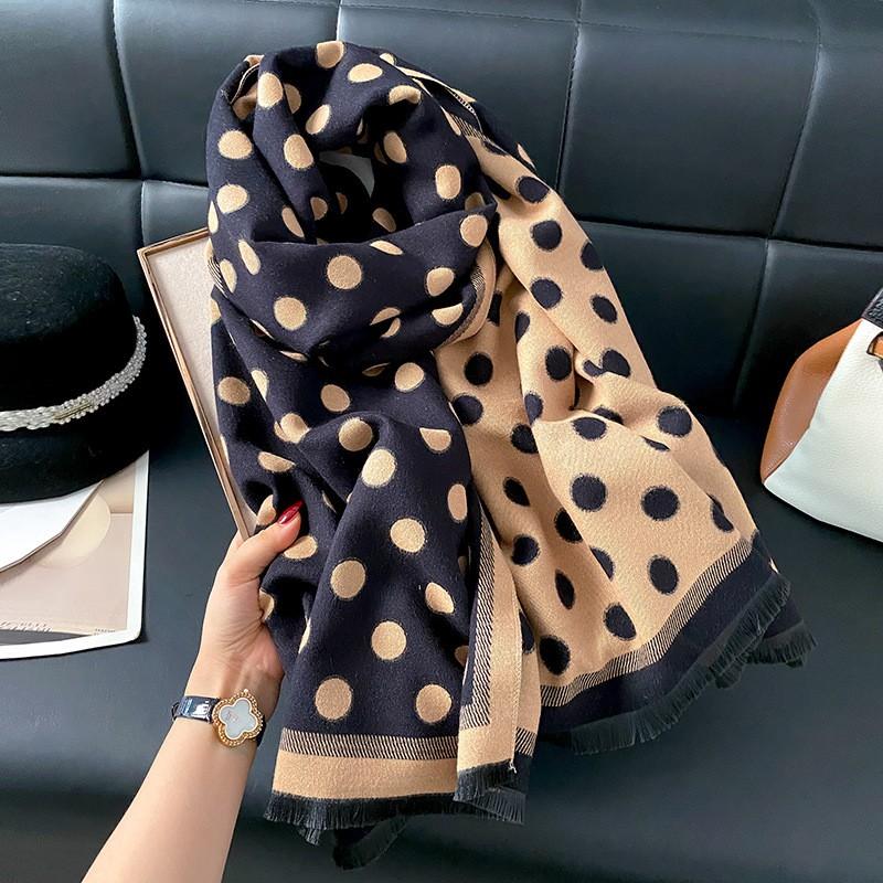 Womens Winter Knitted Scarf Wrap With Polka Dot Double-Sided Thick Warm Shawl Daily Wear