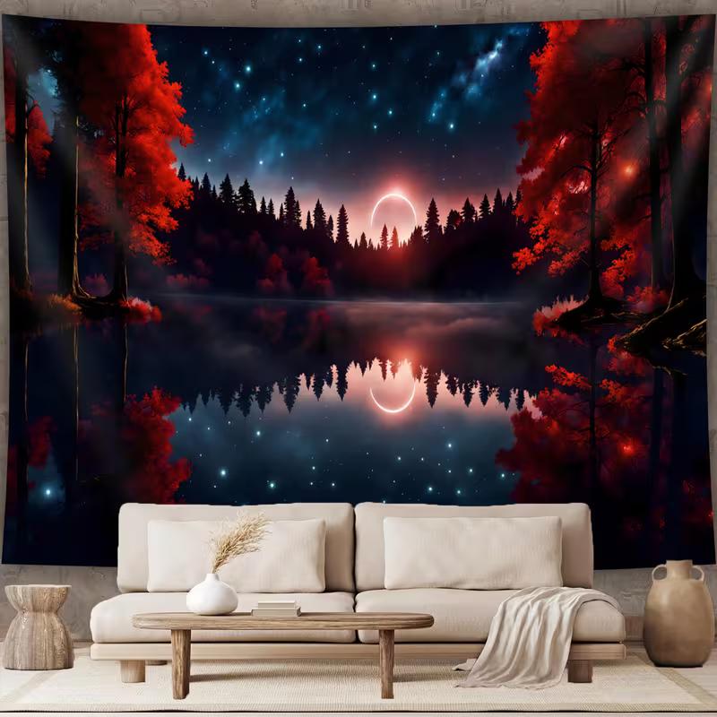 2D Red Maple Tree Night Tapestry Mystical Lake Scenery Room Background