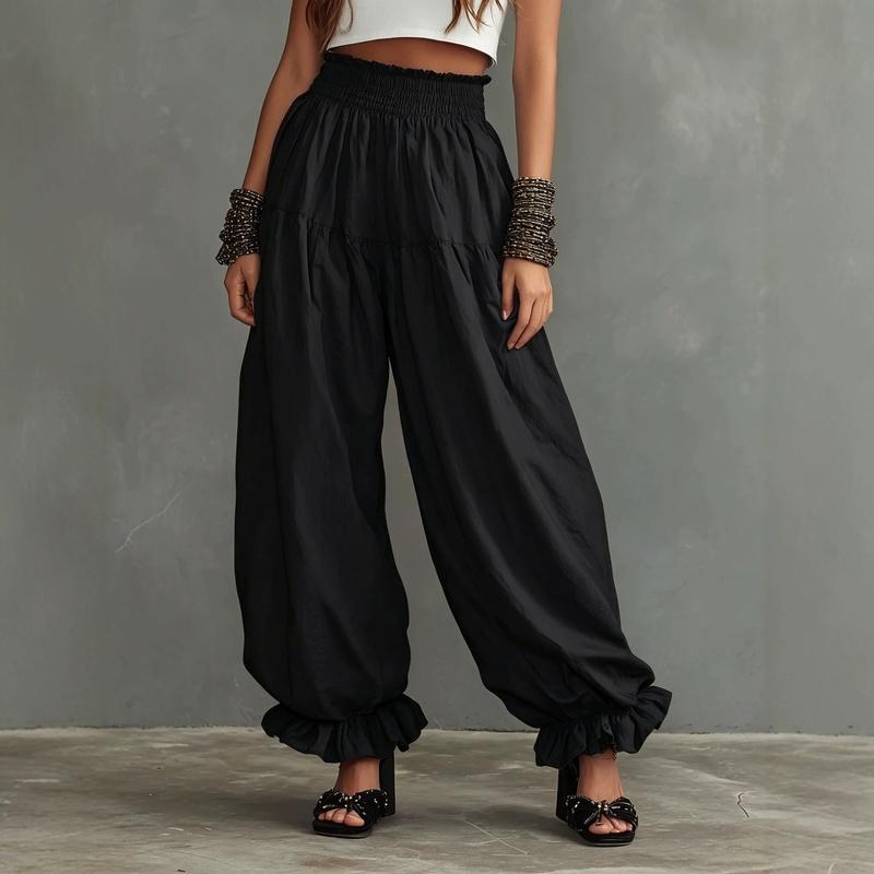 Women's Smocked Waist Harem Pants Loose Balloon Trousers Ruffle Ankle Casual Summer Pants