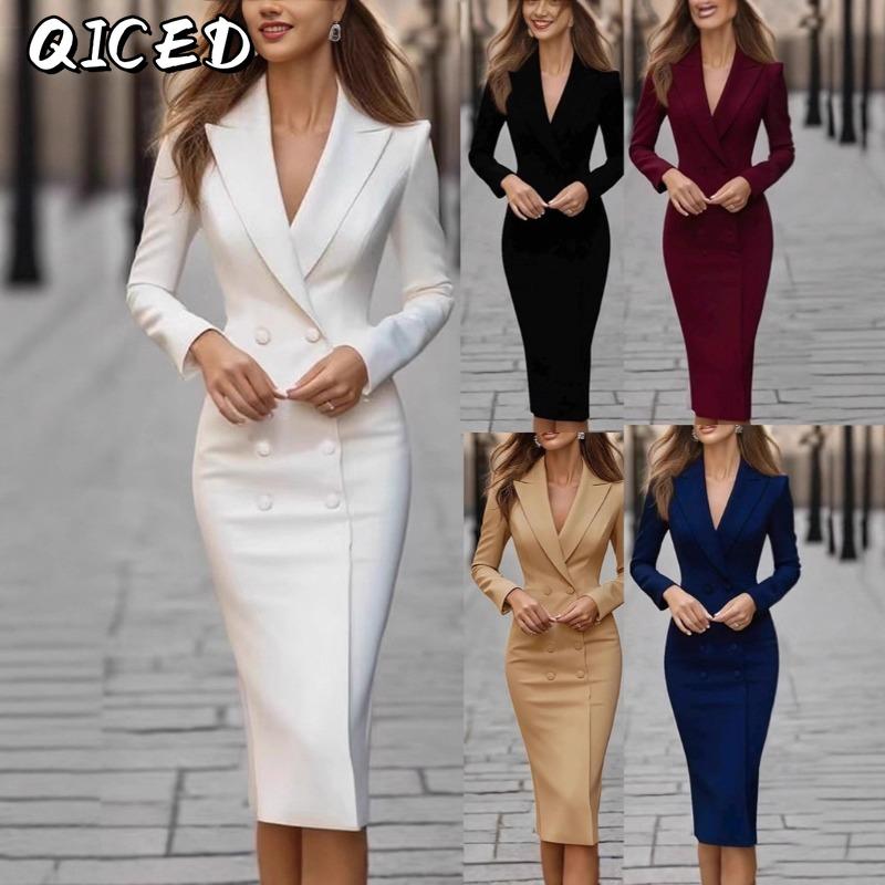 QICED Women's Fashion Autumn Winter Solid Color Print Long Sleeve POLO Neck Casual Dresses