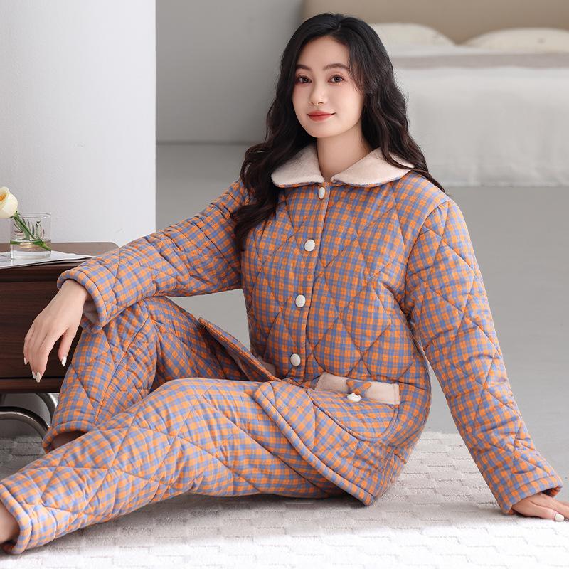 

Тканые пижамы из чистого хлопка с подкладкой, женский зимний трехслойный утолщенный и бархатный красный комплект для отдыха 3XL