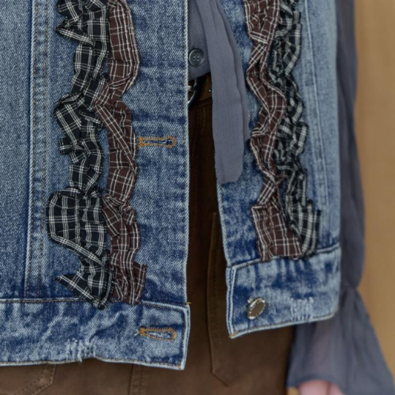 MAXZA Denim Vest With Check And Ruffle Trimming