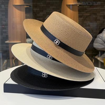 2025 Spring New Straw Hat Women's Rhinestone Letter Top Hat Sun Protection Travel Seaside Vacation Straw Visor Summer