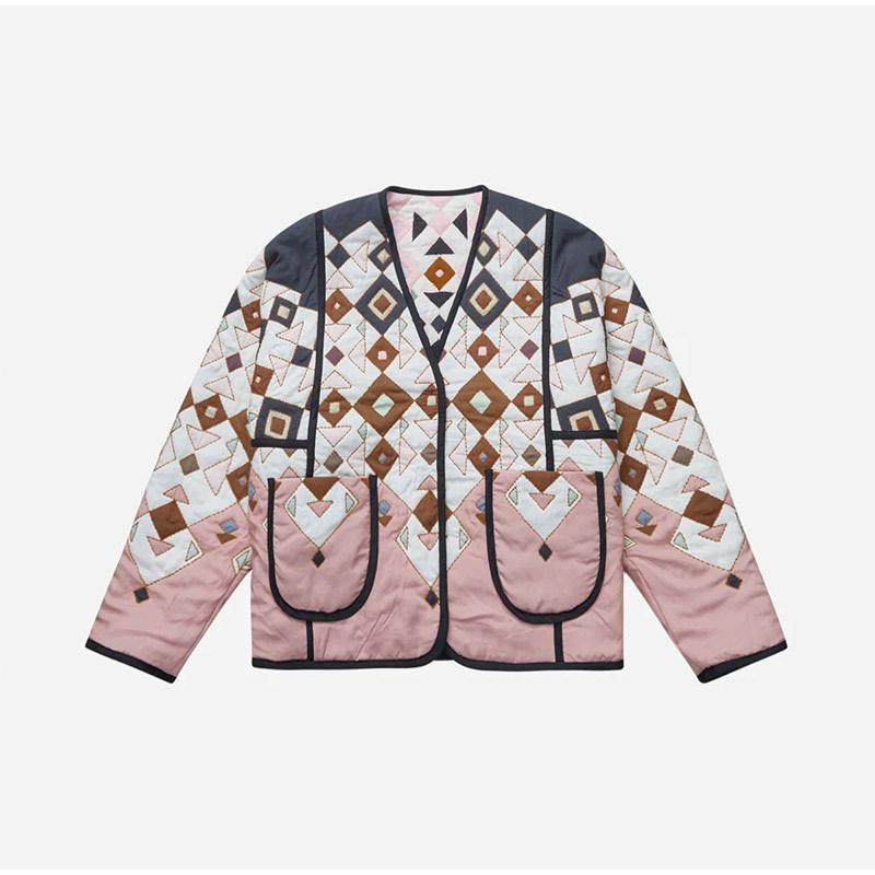 

Японська модна друкована двостороння куртка з кишеньковими осінніми ретро-лоскутними речами з V-подібним вирізом, шикарне жіноче нове повсякденне елегантне пальто з довгими рукавами L білий/рожевий