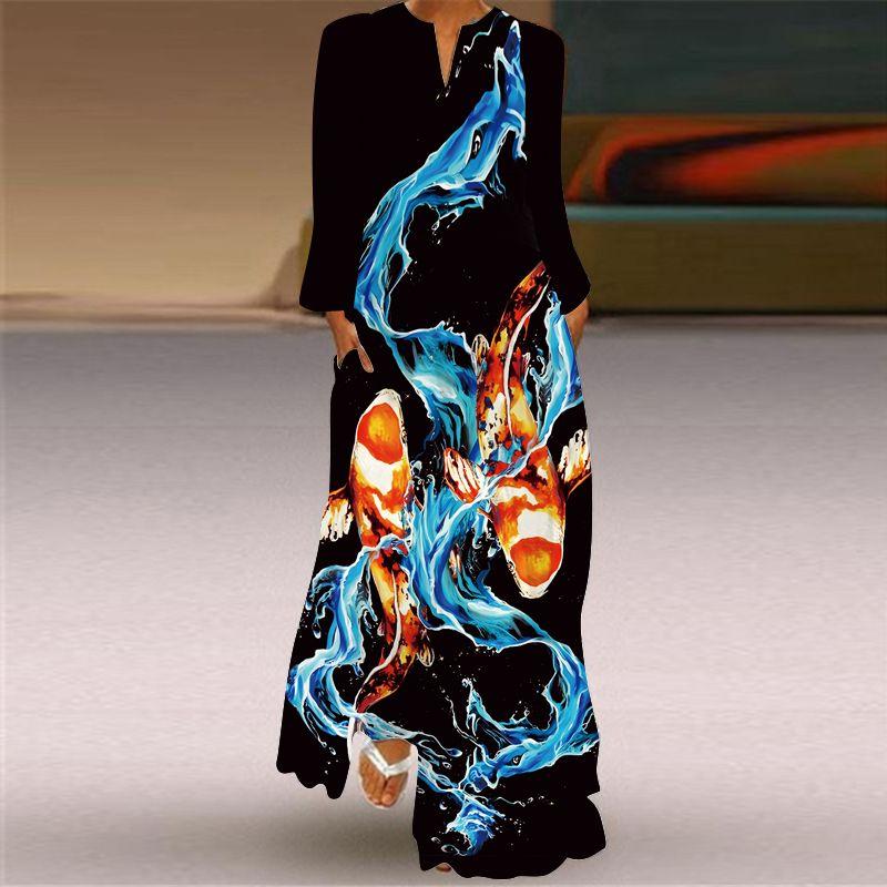 Loose Plus Size Stage Catwalk Photo Long Dress Long Sleeve Dress 2025 New Women Fashion 3D Print Women Clothes