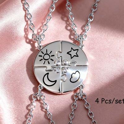 4Pcs Best Friend Matching Sun Moon Star Cloud Puzzle Round Pendant Silver Chain Necklace Set